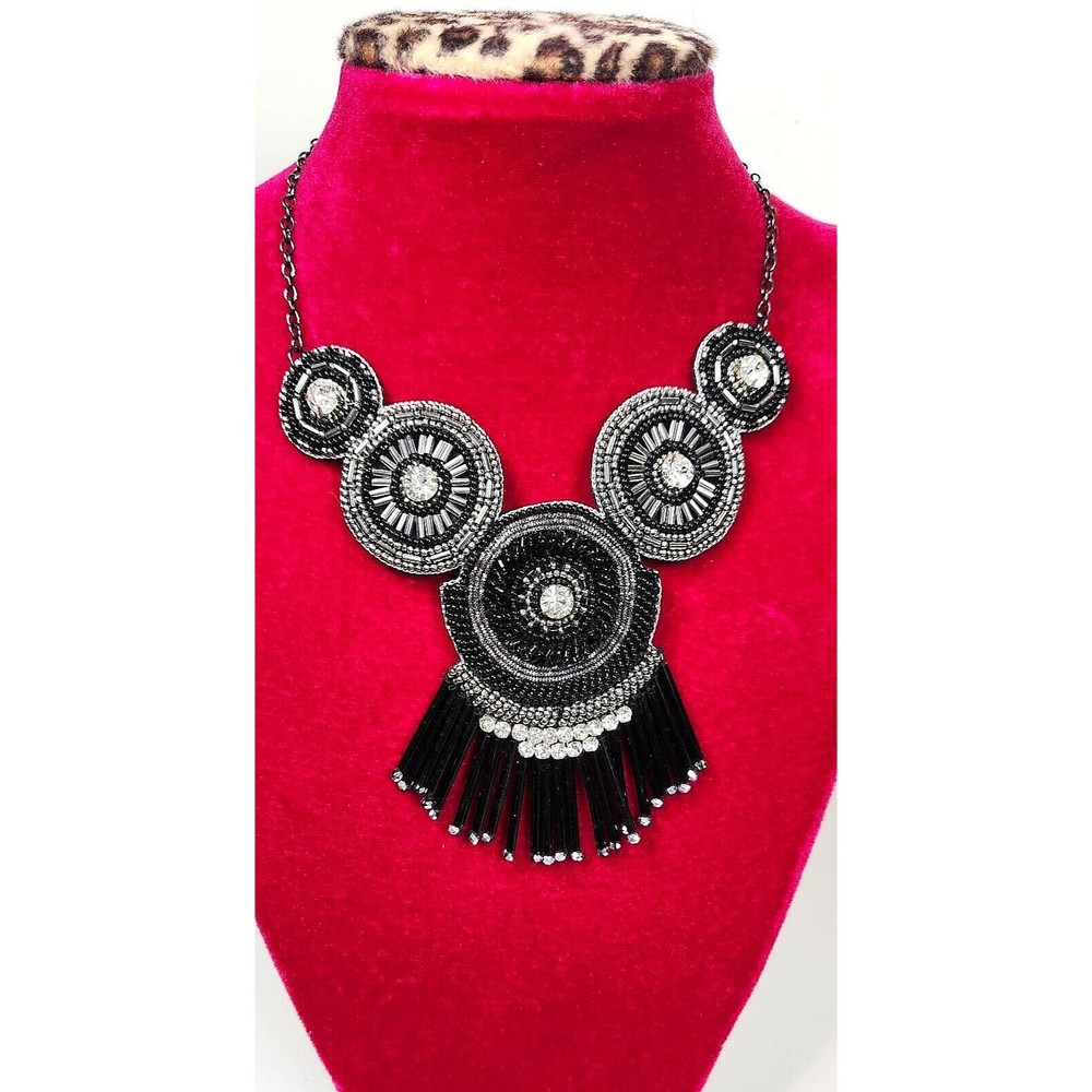 Bling Bead Medallion Bib Necklace Black Silver 19 in. Pageant Formal Glass